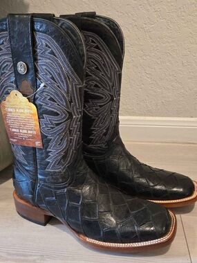 Black Exotic Leather Cowboy Boots with Embroidered Shaft